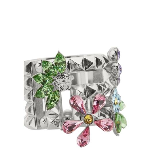 NIB Versace Silver Tone Ring 15 US 7 Greca Multi Color Crystal Flower Bloom $675 - Picture 3 of 14